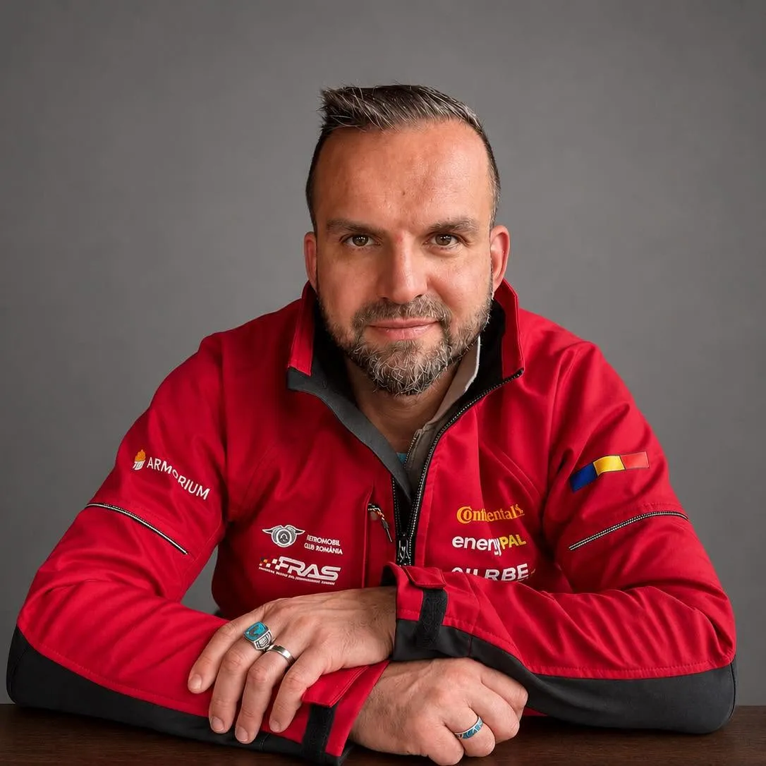 Tureanu in a red racing suit, seated with his hands resting on a table